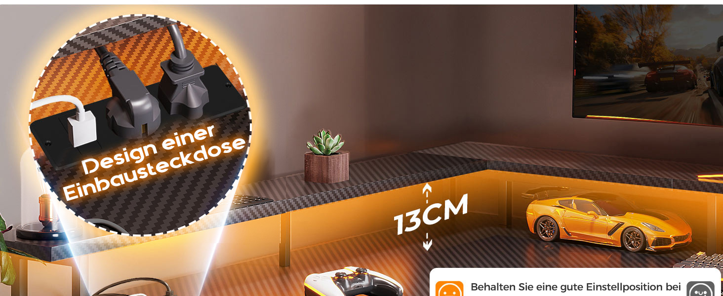 Ігровий стіл ODK з LED-підсвічуванням, 150x102 см, з 2 розетками та 2 USB-портами, кутовий, з підставкою для роутера, карбон, чорний