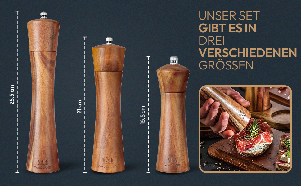 Набір для солі та перцю WALDLAND® з дерева з підставкою (21 см) | Мельниці для спецій з керамічним механізмом | Набір перчниці та солізниці