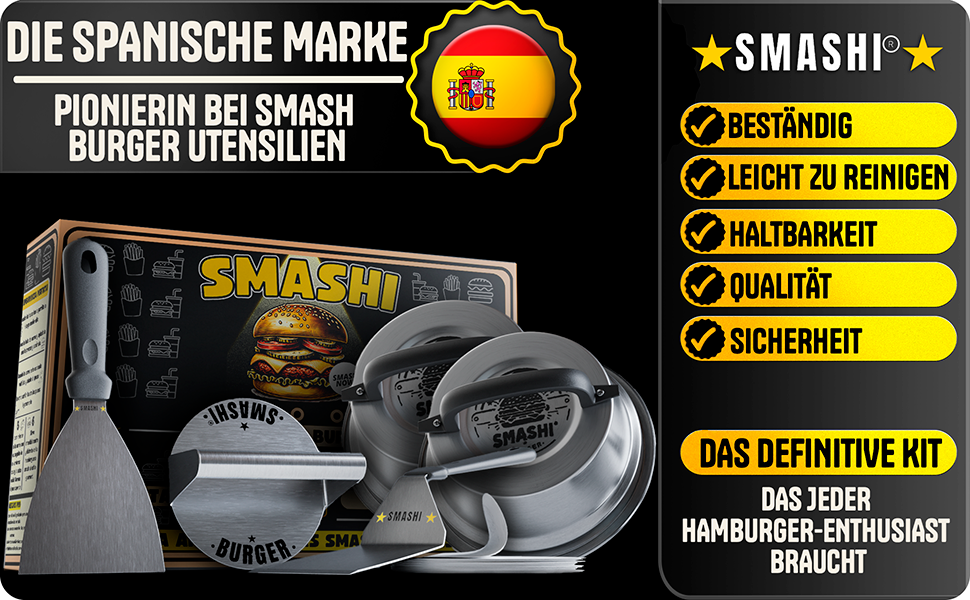Набір для приготування бургерів SMASHI® з пресом та дзвоном – нержавіюча сталь 304, лопатка, 50 паперів для гриля, рецепти – оригінальний професійний набір