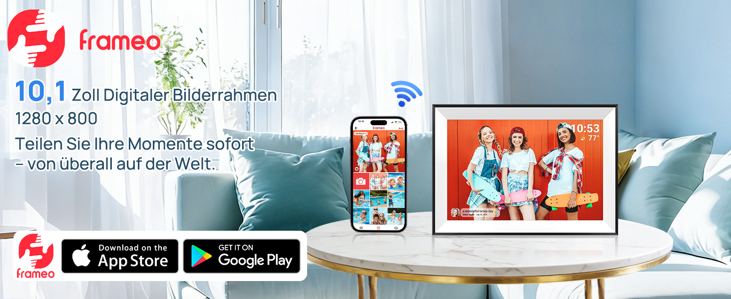 Цифрова фоторамка Frameo 10.1 дюймів WLAN, Full HD IPS сенсорний екран 1280x800, 32GB пам'ять, автоматичний поворот, можливість монтажу на стіну, керування через додаток Frameo (Чорна з білою рамкою)