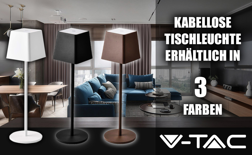 LED настільна лампа V-TAC з бездротовим живленням, сенсорне керування, акумулятор 4400 mAh, тепле світло 3000K, IP54, коричневий колір, для дому та вулиці