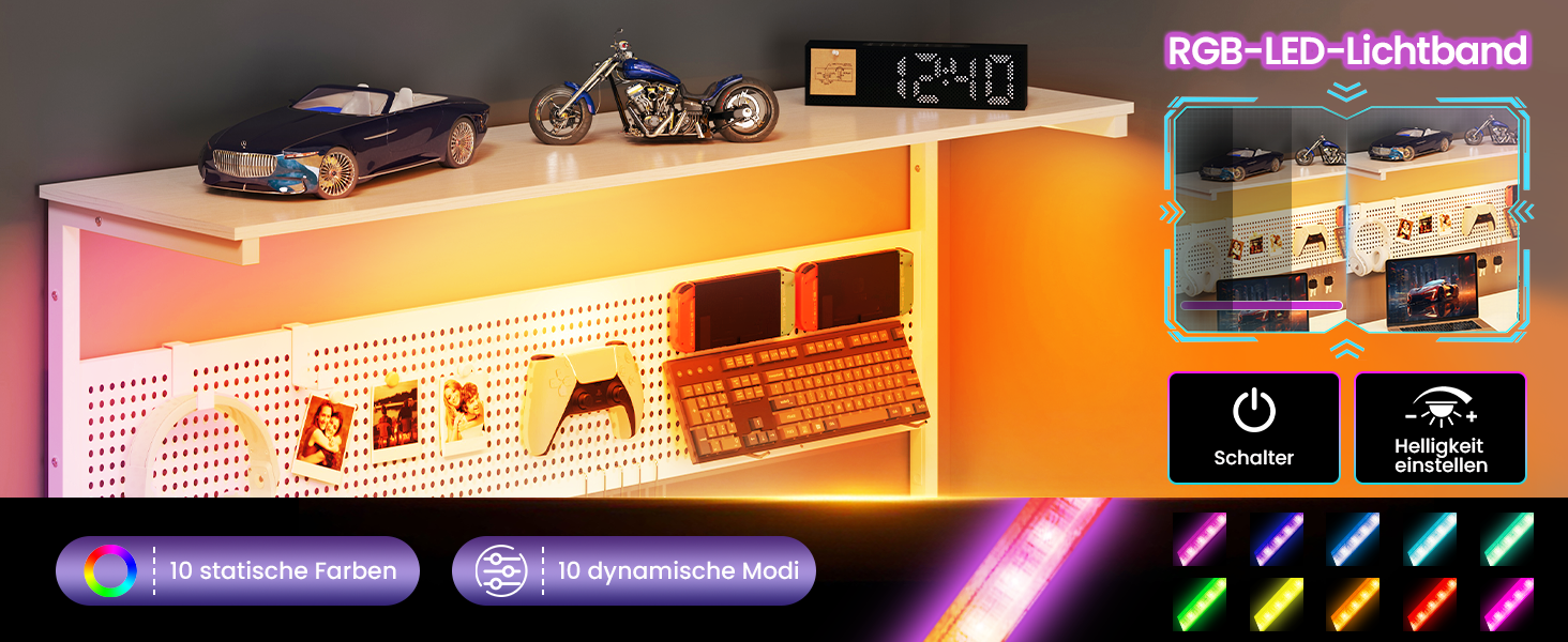 Ігровий стіл YOUDENOVA L-подібний з LED, розеткою USB, поличкою та перфорованою стінкою, 120x80 см. Комп'ютерний стіл для геймерів та дому, білий