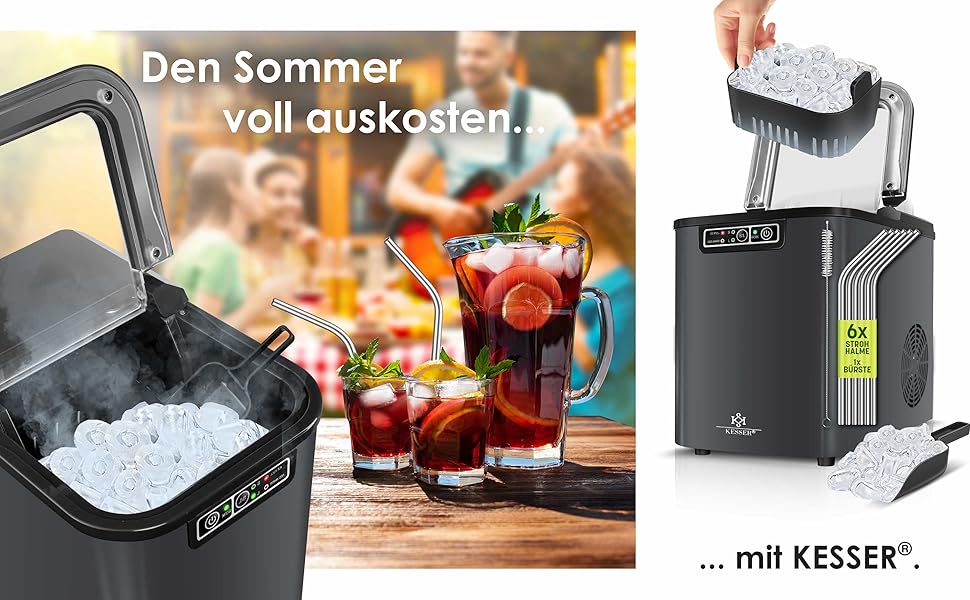 Машина для приготування льоду KESSER® з нержавіючої сталі, 12 кг/24 год, швидка підготовка (7 хв), 2.2 л бак, 2 розміри кубиків льоду, LED-дисплей, самоочищення, аксесуари, антрацит