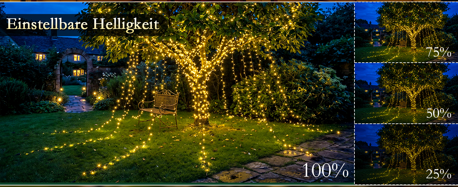 Світлодіодна гірлянда для вулиці 25м, 500 LED, теплий білий колір, IP44 вологозахищена, з пультом, таймером та 8 режимами роботи, зелений кабель для саду та тераси