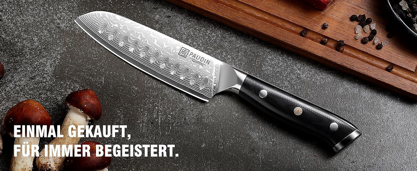 Японський ніж Santoku PAUDIN з дамаської сталі 13 см - професійний кухонний ніж для кухні, надзвичайно гострий, з ергономічною ручкою G10