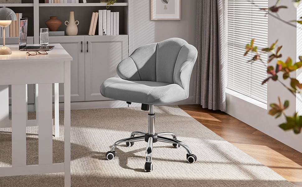 Крісло для дому та офісу Yaheetech, крісло для макіяжу, офісне крісло з регулюванням висоти, поворотне, з м'якою спинкою у формі мушлі, на коліщатках, з велюру, до 136 кг, білий (світло-сірий)