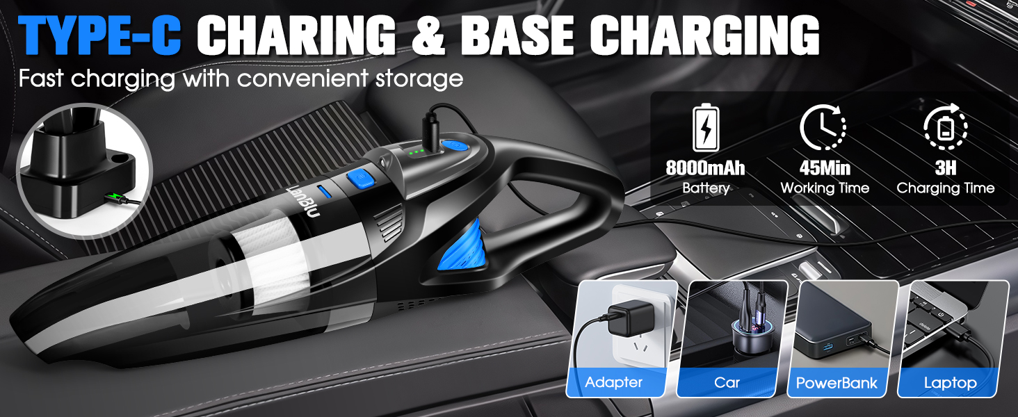 Акумуляторний ручний пилосос LanBlu для авто та дому, 25000Па, 120Вт, з LED-підсвіткою, зарядною станцією та мийним HEPA-фільтром, для вологого та сухого прибирання