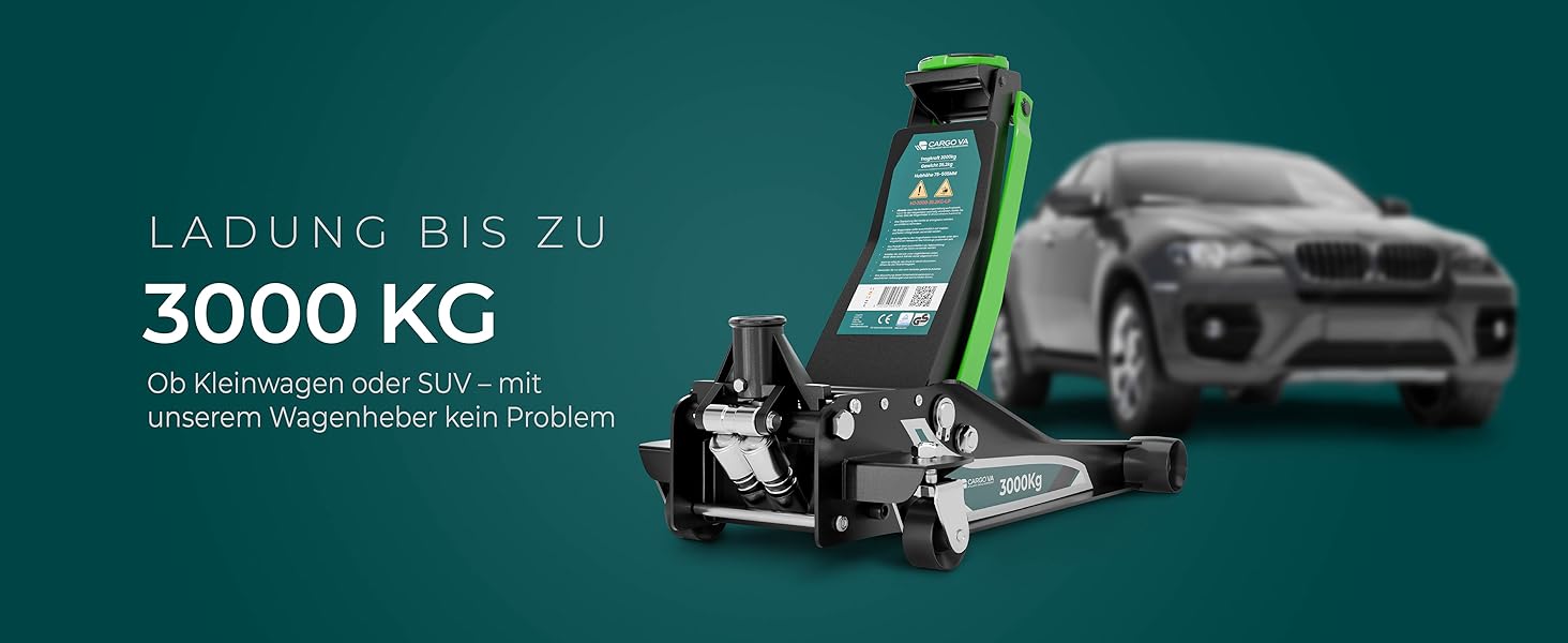 Гідравлічний домкрат CargoVA 3T з низьким профілем (75-505мм) + килимок + 2 гумові накладки | Для SUV та авто з низькою посадкою | Професійний набір для заміни коліс (TÜV)