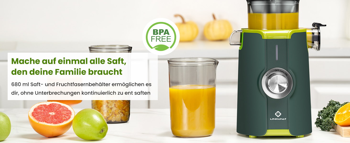 LINKChef Швидковичавник Slow Juicer: холодний віджим, для овочів та фруктів, легко миється, BPA Free, 200W (зелений)