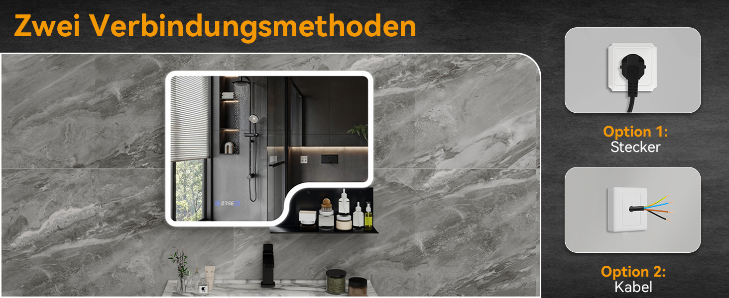 Дзеркало для ванної кімнати YOURLITE з LED-підсвічуванням 100x60 см, сенсорне керування, годинник, антизапар, 3 кольори світла, регулювання яскравості, без запотівання, функція пам'яті, білий