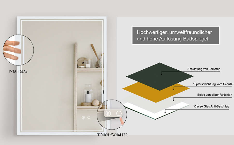 Дзеркало для ванної кімнати Puchika з підсвічуванням LED, 50x70 см, настінне, регульоване, тепле/холодне/нейтральне світло 3000-6400K, IP44, сенсорне керування, антизапар, годинник