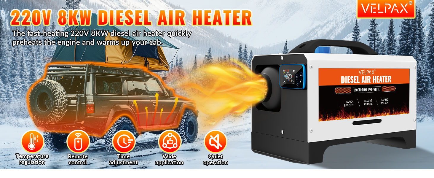 Дизельний обігрівач Diesel Air Heater 8 кВт з дистанційним керуванням та LCD дисплеєм 12/24/110-240 В, Bluetooth, для автодому, автомобіля, причепа