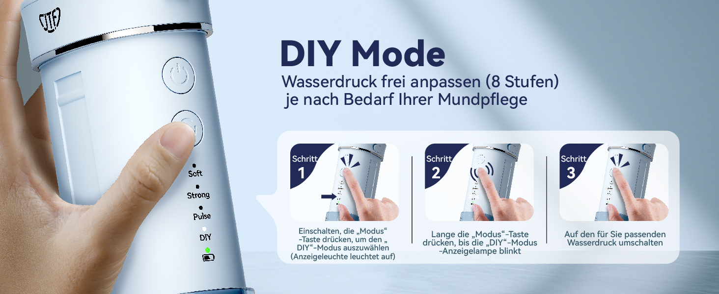 Портативний електричний іригатор для порожнини рота JTF Munddusche Mini, бездротовий, для подорожей, з 5 насадок, 4 режими, 230 мл, водонепроникний (IPX7, блакитний)