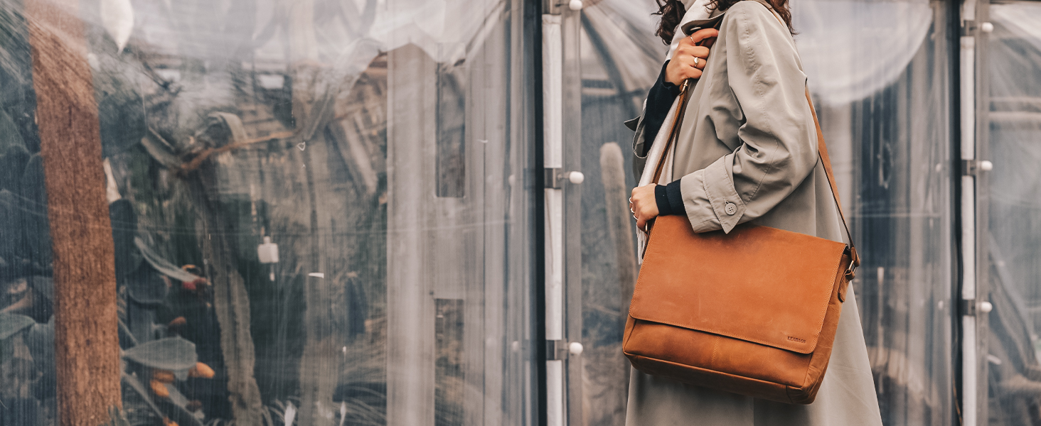 Сумка для ноутбука 15 дюймів LEABAGS з натуральної шкіри та тканини Оксфорд, 38x10x31 см, колір мускат