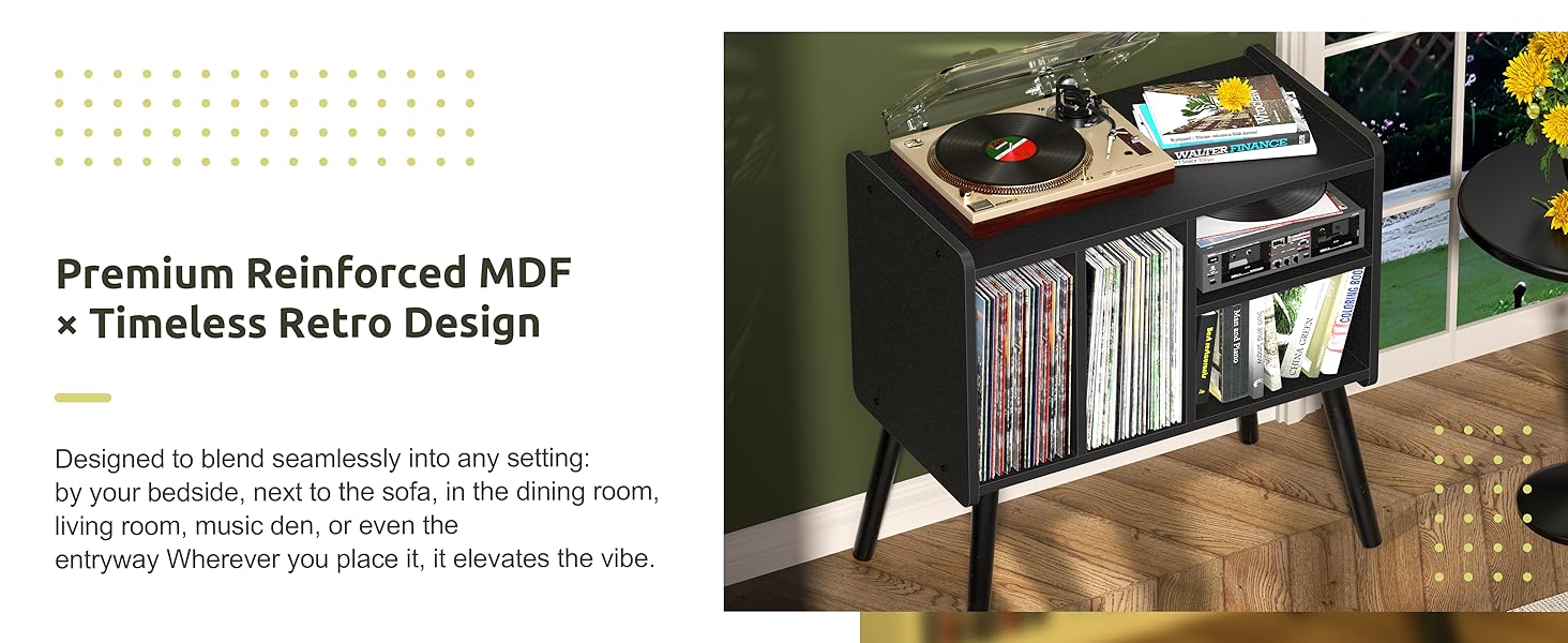 Стіл для програвача вінілу, стійка для програвача середини століття з місцем для зберігання до 150+ платівок, шафа для платівок з регульованими полицями, чорний