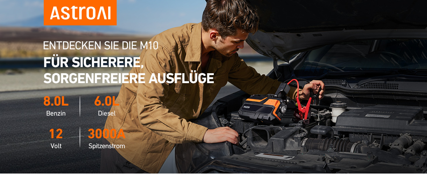 Powerbank AstroAI MF16 6000A з компресором 150PSI: старт для авто, мото, SUV (12V, 10L бензин/8L дизель), LED-дисплей, помаранчевий