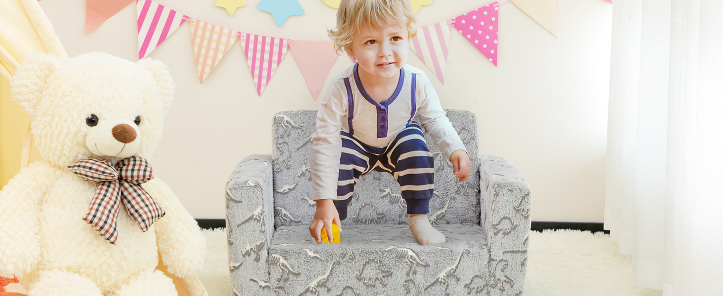 Дитяче диван-ліжко BEJOY 2 в 1 з розкладним механізмом, м'яке крісло, дитячий диван з Sherpa тканини, сірий з динозаврами, ідеальний подарунок для дівчаток та хлопчиків