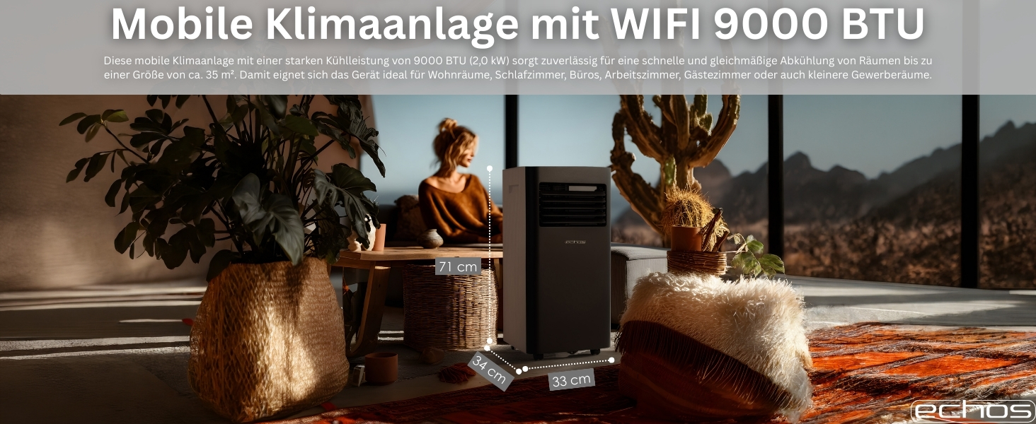 Мобільний кондиціонер Echos 9000 BTU з Wi-Fi, пультом та таймером 24 год – охолодження, осушення, вентиляція