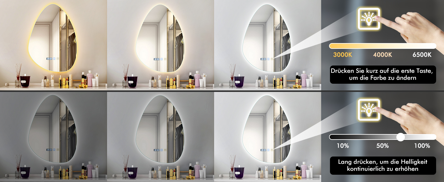 Круглий дзеркало для ванної кімнати з підсвічуванням, 60 см, антизапар, LED, Bluetooth, сенсорне управління, 3000K-4000K-6500K, регулювання яскравості, HD-загартоване скло, дзеркало для ванної кімнати з підсвічуванням (500x700 мм, краплеподібної форми)
