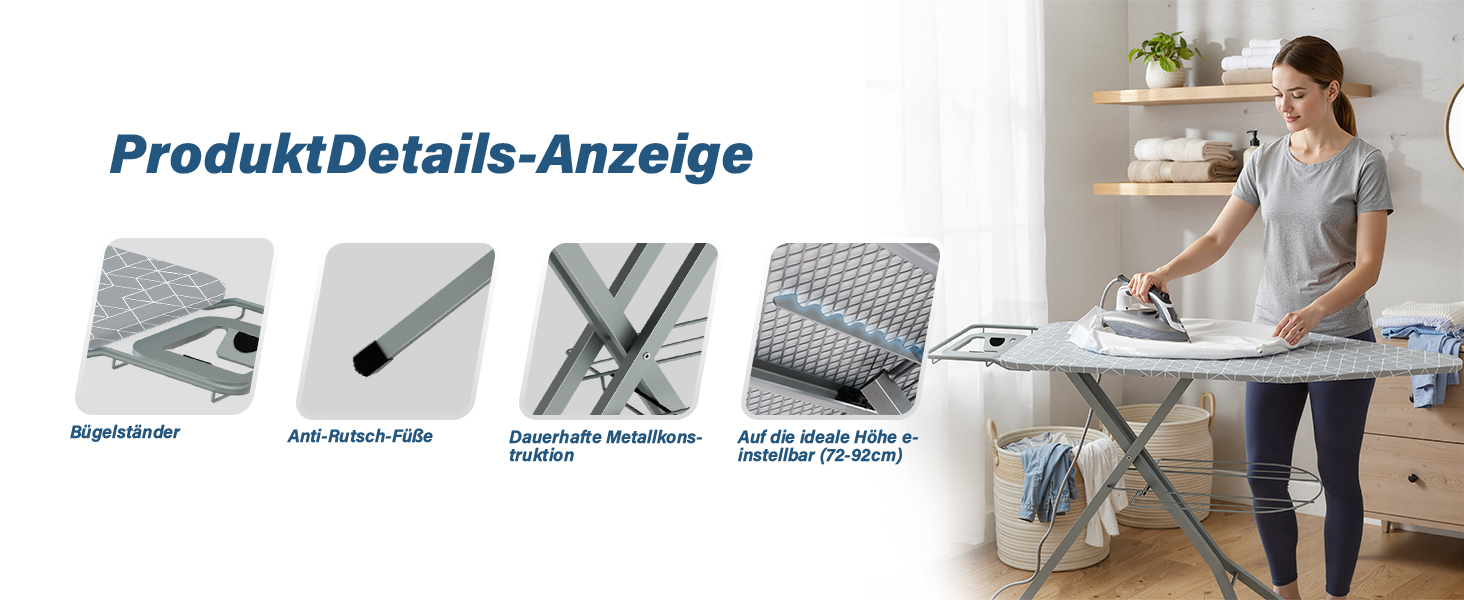 Прасувальна дошка STANEW XXL 120 x 45 см – розкладна та регульована по висоті, з системою безпечного закривання, підставкою для праски та неслизькими ніжками