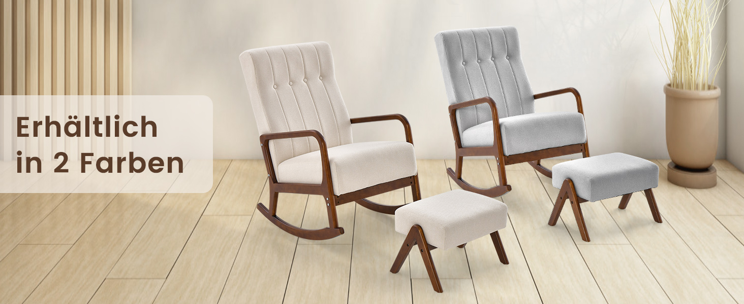 Крісло-гойдалка COSTWAY з пуфом, до 150 кг, бежеве - розслабляюче крісло для вітальні та спальні з дерев'яним каркасом