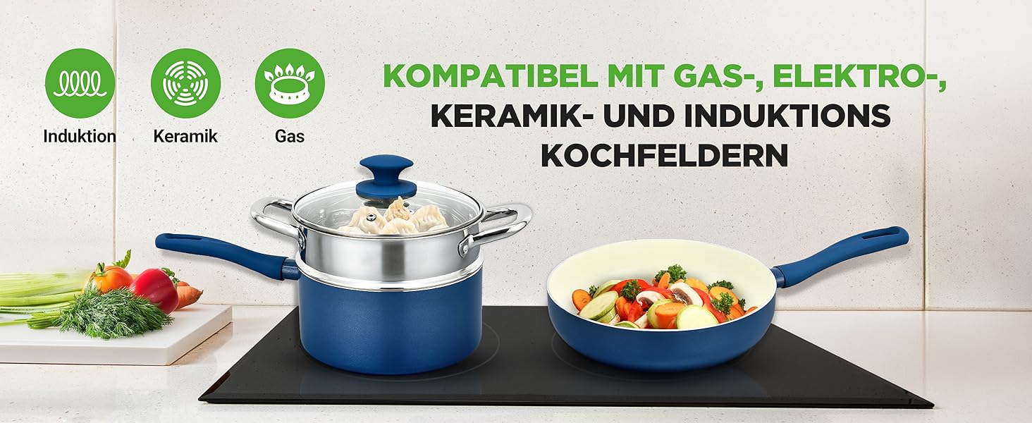 Набір посуду NutriChef 54 елементи: сковороди, каструлі, кухонні аксесуари, ножі, форми для випічки, для приготування здорової їжі (синій)