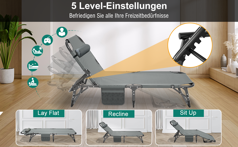 Скромний диван-крісло для відпочинку з матрацом, 200 кг, сірі, з кишенями та регульованою спинкою