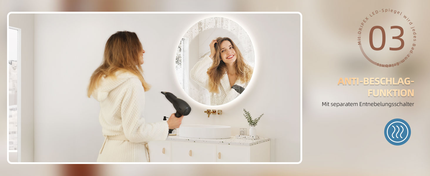 Дзеркало для ванної кімнати Dripex LED з підсвічуванням, кругле, сенсорне управління, регулювання яскравості, 3 кольори світла, запобігання запотіванню, 80x80 см