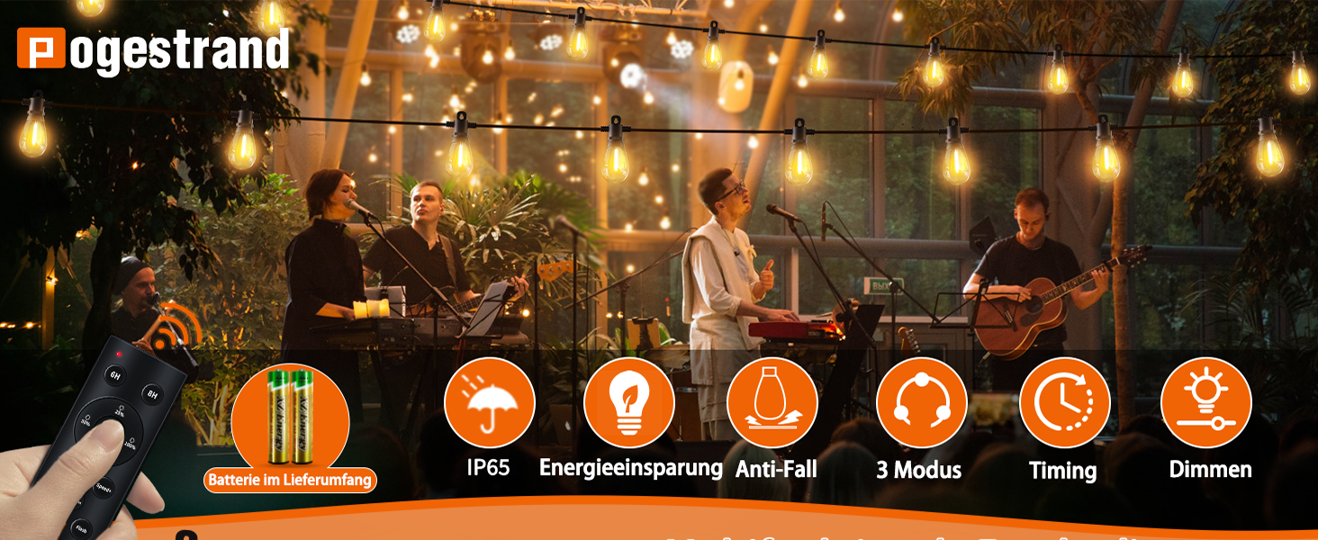 LED гірлянда для зовнішнього використання 30м з пультом, S14, 100FT, IP65, 30+2 лампочки, тепле світло 2700K, для саду, тераси, балкону, двору