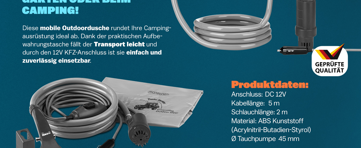Monzana® Переносна кемпінгова душ з насосом 12V, KFZ-адаптер, сумка для зберігання, 2м шланг, 5м кабель, для авто, собак, саду, антрацит