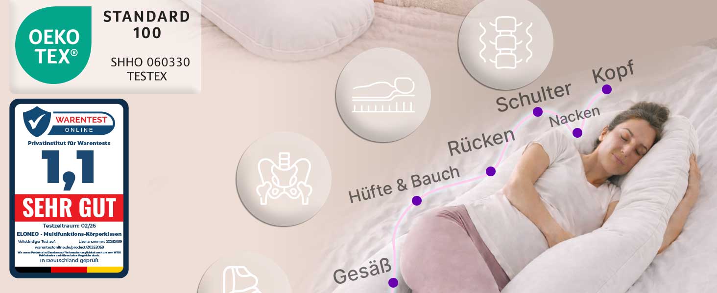 Подушка для вагітних ELONEO NEU для сну на боці, подушка для годування, XXL розмір, біла, знімний чохол, подушка для читання, пральна