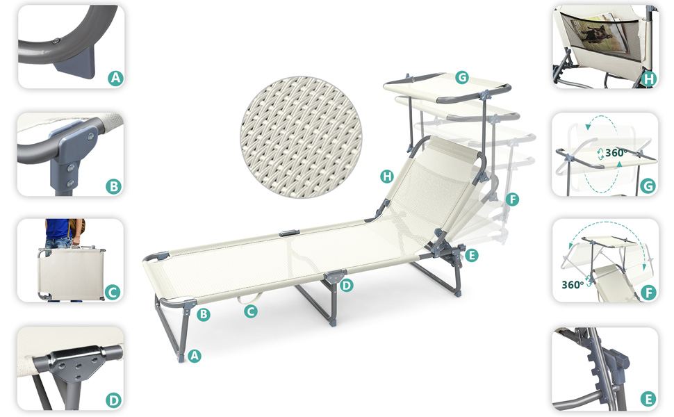 Лежак для відпочинку Vounot (2 шт.) - розкладний, з регульованою спинкою та захистом від сонця. Підходить для саду, басейну, тераси (бежевий)