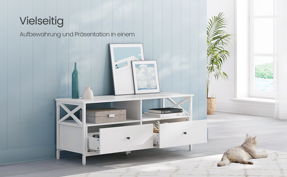 Тумба під телевізор VASAGLE, 120 см, з 2 шухлядами та 2 відкритими полицями, для телевізорів до 55 дюймів, сталевий каркас, вінтажний колір, LTV300B01