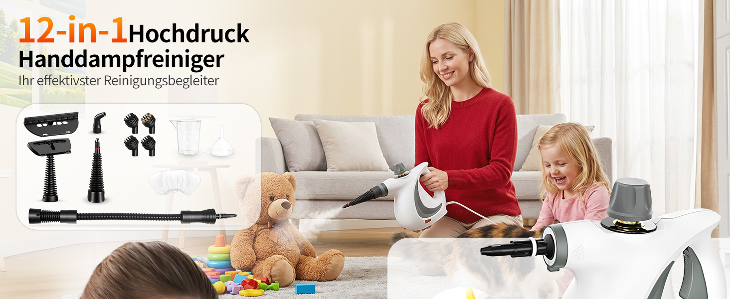 Портативний пароочисник для дому з аксесуарами, 3 бари, 1300 Вт, без хімікатів. Підходить для кухні, підлоги, плитки, диванів (білий)