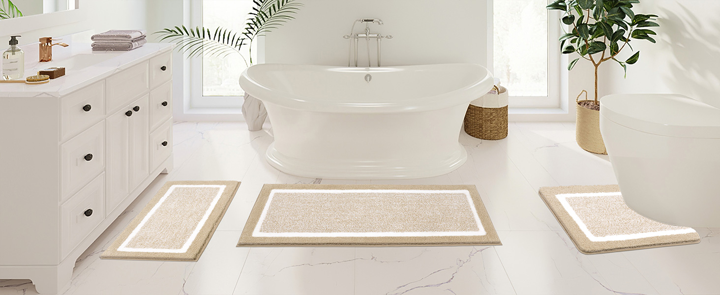 Набір килимків для ванної кімнати Pauwer: м'який килимок з високим ворсом, килимок для душу, килимок для туалету, машинне прання, антиковзаючі, (бежевий, 45 x 65 + 45 x 120 + 50 x 60 см)