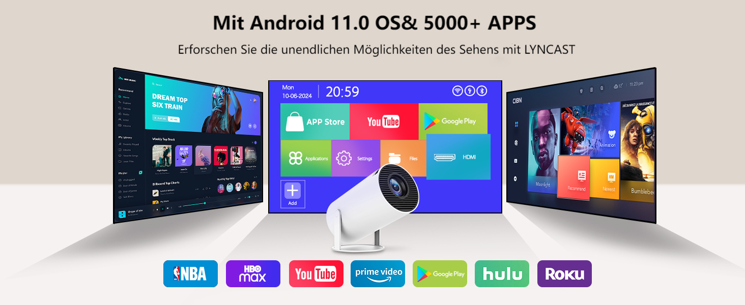 Портативний проєктор LYNCAST HY300 Pro: Wi-Fi, Bluetooth, Android 11, 1080P/4K, обертання 180°, для дому та на вулиці