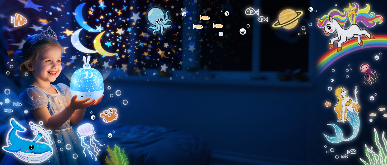 Нічник-проектор зоряного неба для дітей з 15 фільмами, Bluetooth, LED, нічник для дитячої кімнати, кролик