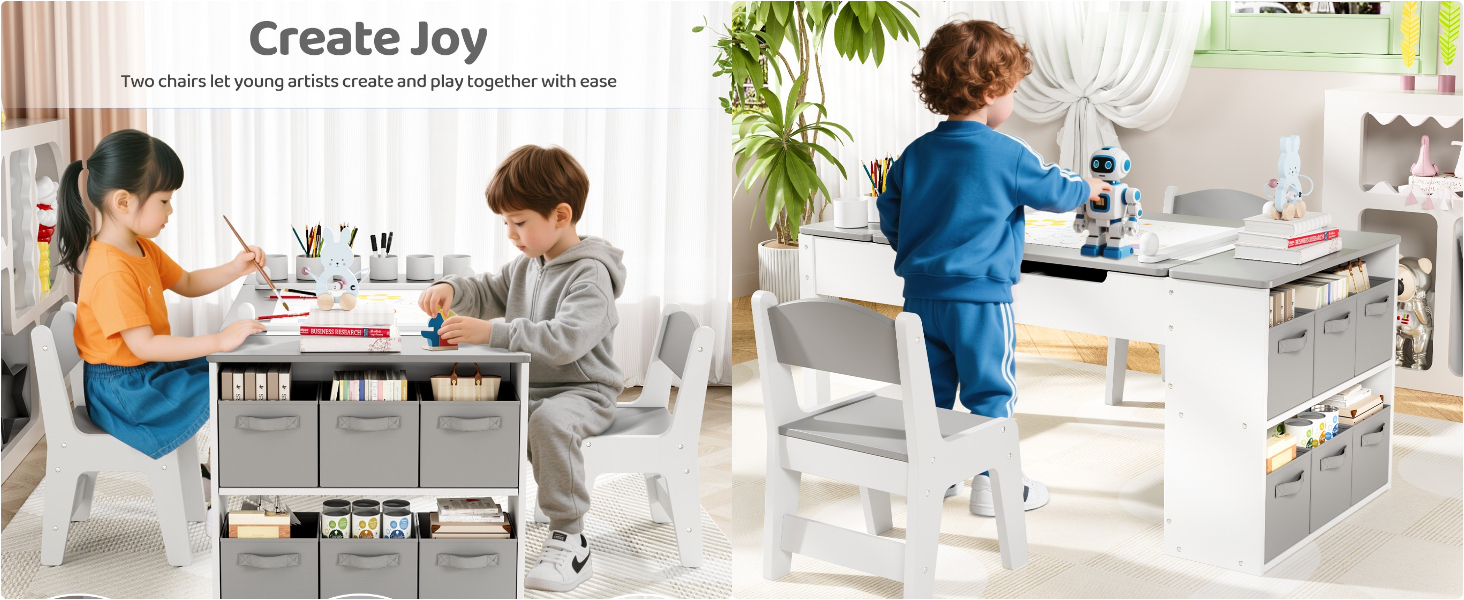 Дитячий стіл MAMIZO з 2 стільцями: дерев'яний стіл для ігор з місцем для зберігання, комплект меблів для дітей 3+ (сірий)