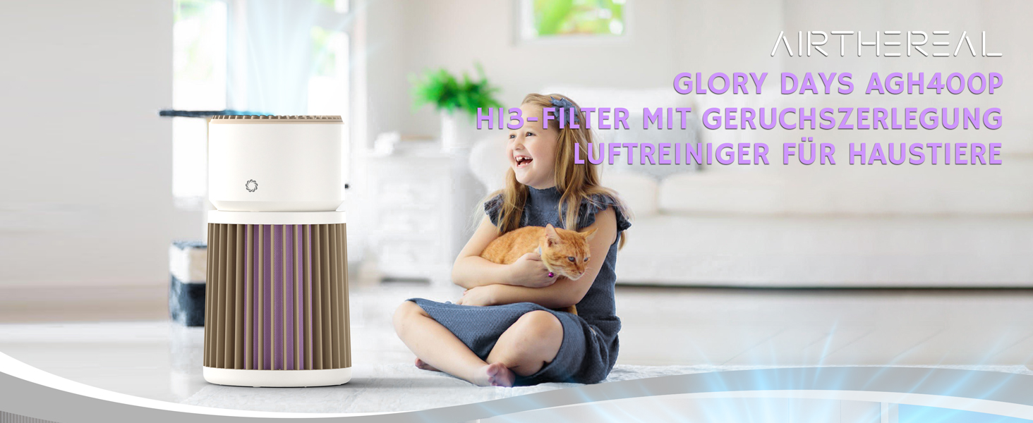 Повітряний очисник Airthereal AGH400 для дому з тваринами: фільтр H13, видаляє шерсть, луску, запах сечі, пил, дим. PM2.5-сенсор, 360° вхід повітря