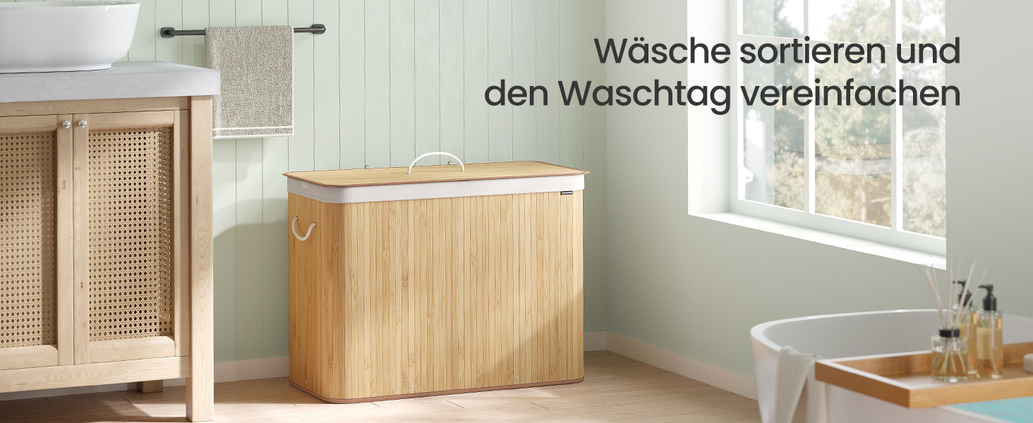SONGMICS Кошик для білизни з кришкою, 2 відділення, бамбук, складний, знімний мішок для прання, з ручками, 170 л, для ванної кімнати, спальні, LCB014Y01
