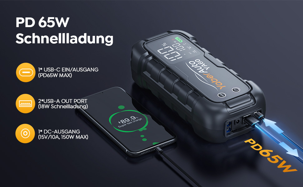 Бустер для автомобіля YaberAuto 8000A, пусковий пристрій Powerbank 26800mAh, 65W USB-C PD, для бензинових та дизельних двигунів до 12.0л, з ліхтарем 600 Лм