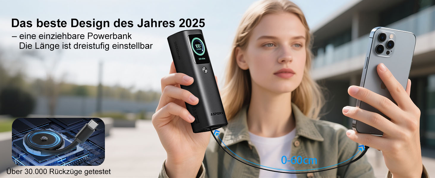 Power Bank AsperX 20000mAh, 165W, 2x USB-C (100W), для ноутбуків, iPhone, MacBook, Samsung, вбудований кабель 60см, TFT-дисплей