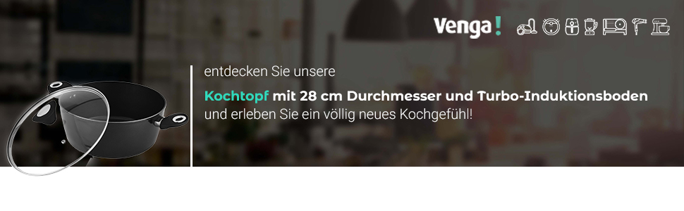 Венга Каструля з кришкою, діаметр, ємність 1,3 л, антипригарне покриття, можна мити в посудомийній машині, турбо-індукційне дно, ергономічні м'які на дотик ручки, чорний / сріблястий колір, VG POT 3010 (28 см, стандартна ручка)