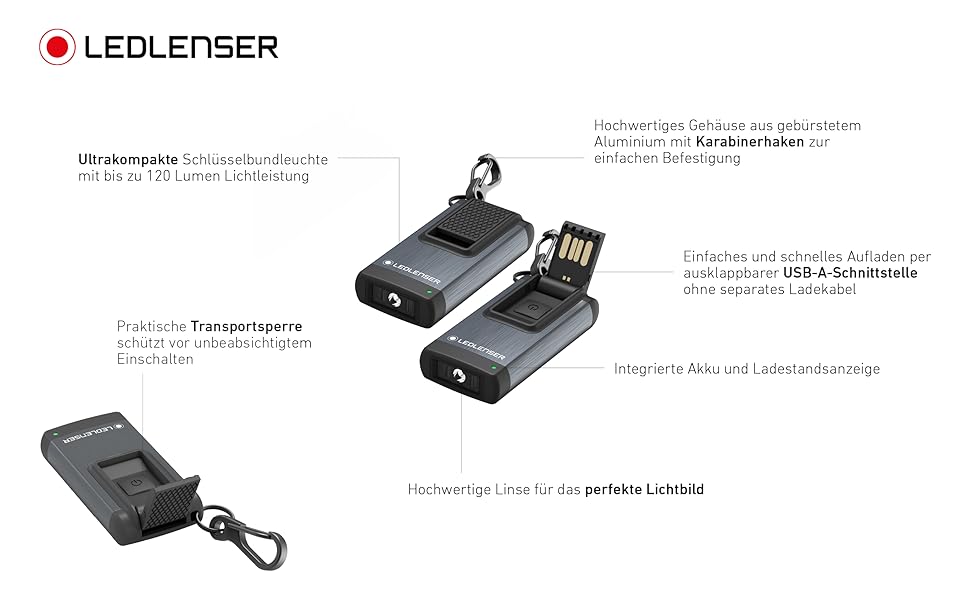 Брелок Ledlenser K6R, 400 люмен, що перезаряджається, з інтерфейсом USB-A, з червоним світлом (сірий) (сірий колір K4R)