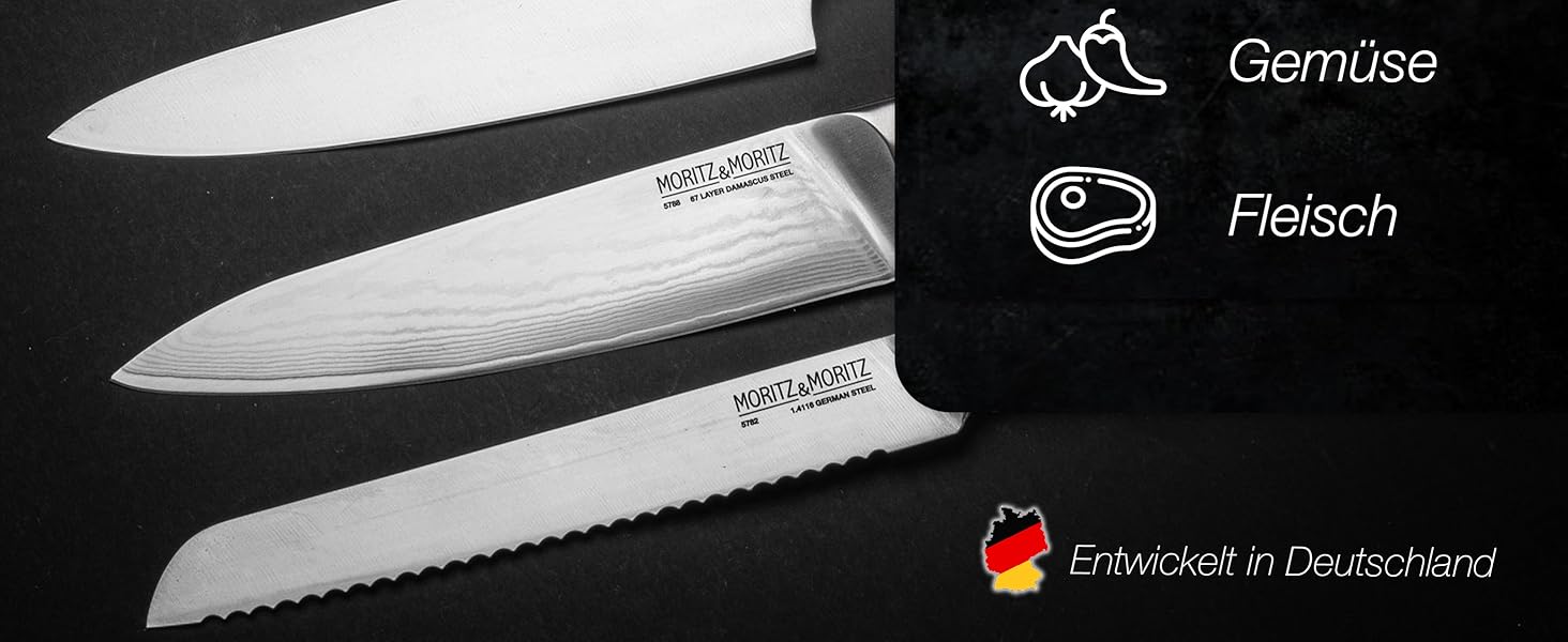 Професійний кухонний ніж Moritz & Moritz 20 см з дамаської сталі 67 шарів - ніж шеф-кухаря з ергономічною ручкою з акації