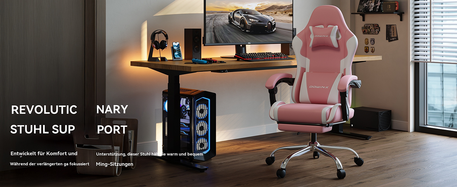 Ігровий крісло Dowinx з підніжкою та масажем попереку. Ергономічне, комфортне, з підголівником. Підходить для офісу, дому, стрімінгу та тривалих ігрових сесій. Білий (рожевий)