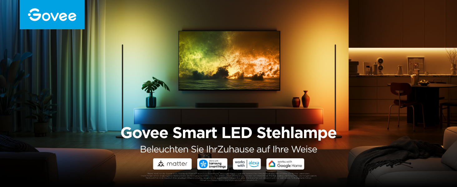 Govee RGBIC LED Торшер WiFi, Димування, Alexa/Matter, 16 млн кольорів, 85 режимів, Музичний режим, DIY, Чорний