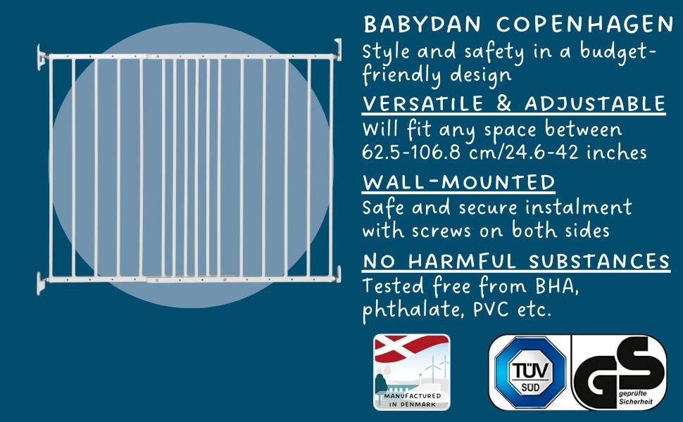 Захисний бар'єр BabyDan Copenhagen 62,5-106,8 см, білий - Розширювані сходи для безпеки дітей та домашніх тварин, Данія