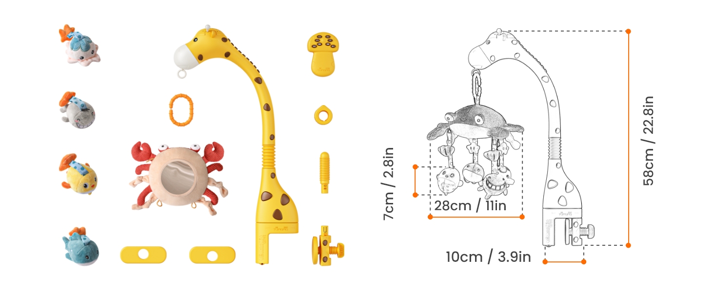 Дитячий мобіль в ліжечко Тумама, мобільний жираф з дзеркалом-проектором, м'які підвісні іграшки, колискові, вогні і музика