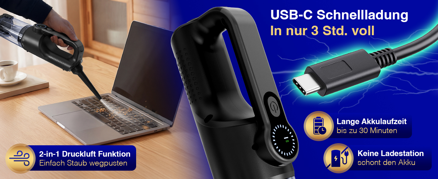 Акумуляторний ручний пилосмок Mastergrip 2-в-1 з функцією обдува, потужність 80000 RPM, мийний HEPA-фільтр, бездротовий пилосос для авто та дому, колір антрацит